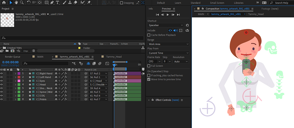 2D character artwork rigged and ready for animation in Adobe After Effects